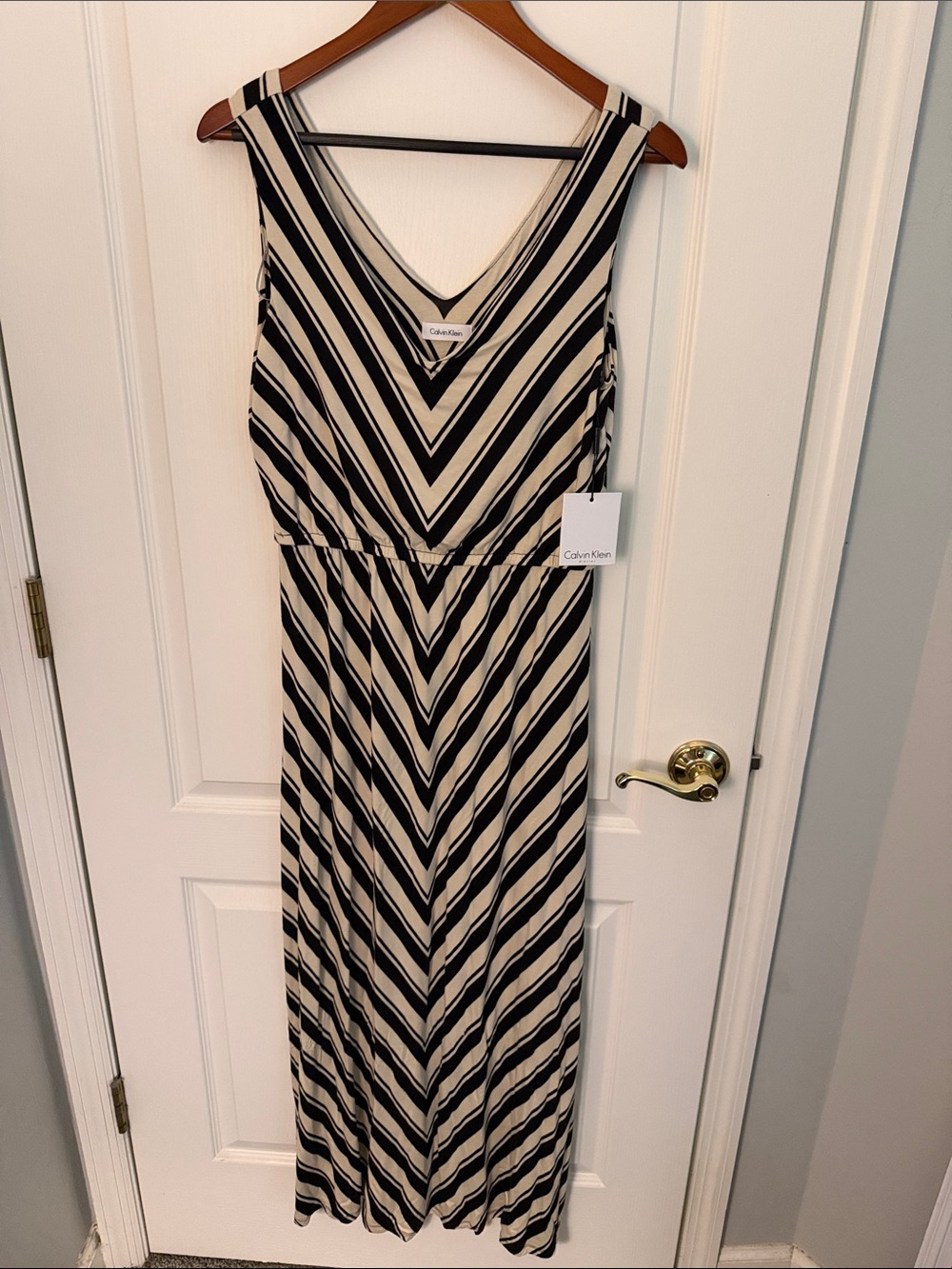 Calvin Klein Black & Cream Striped V-Neck Maxi Dress